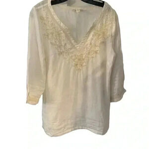 Charter Club Luxury linen ivory embroidered V-Neck 3/4 sleeve size medium